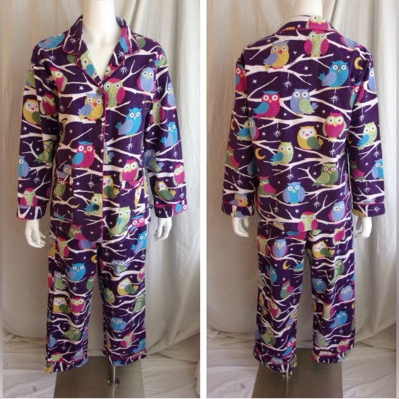 Nick and Nora Flannel Vintage 1990s Pajamas Owl Print Multi Color Women M